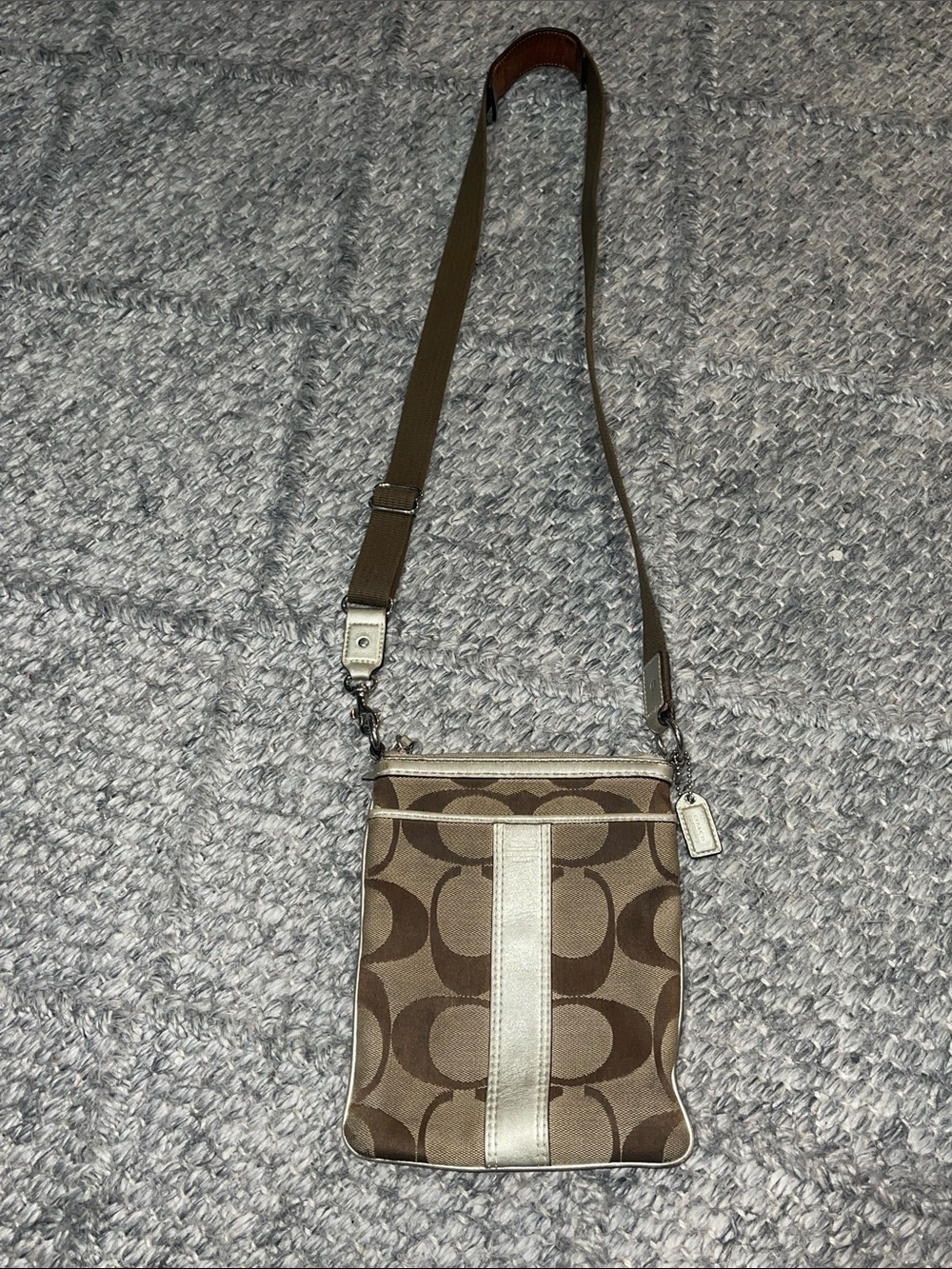 Coach Brown Signature Canvas Crossbody with Tan Stripe
